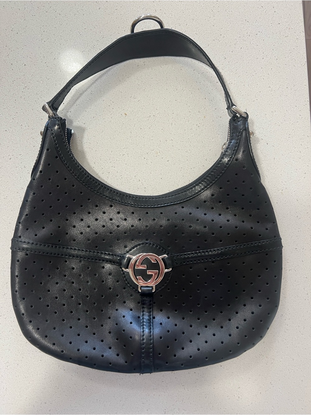 Gucci Black Perforated Leather Shoulder Bag with Silver-Tone GG